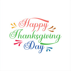 Happy Thanksgiving typography with colorful text and leaf accents on white background. Bright festive design celebrating holiday gratitude and joyful autumn mood.