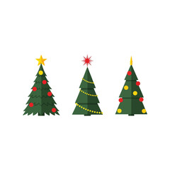 Festive christmas trees decorated with ornaments lights star and tinsel vector