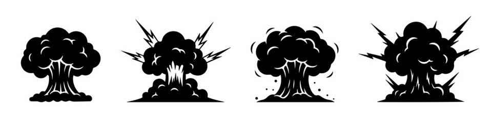 Explosion icons set. Cloud explosions, bomb effects, black silhouette vectors.