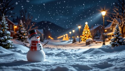 A visually striking image of snowmen standing in a wintry Christmas landscape during nighttime
