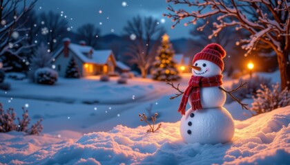 Obraz premium A photo of a wintry Christmas night scene featuring snowmen standing in a winter landscape with a ba