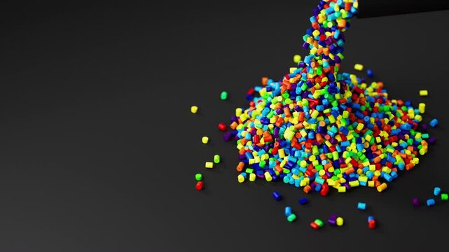 Colorful plastic polypropylene granules pouring from cup on a pile of granules, masterbatch polymer grain on black backdrop. HDPE or PVC resin pellets. 3d render animation