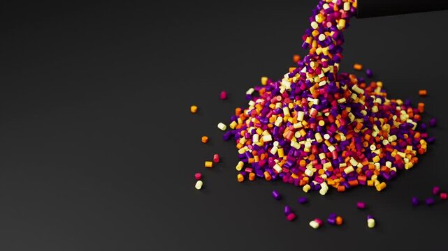 Colorful plastic polypropylene granules pouring from cup on a pile of granules, masterbatch polymer grain on black backdrop. HDPE or PVC resin pellets. 3d render animation