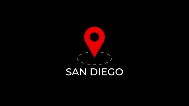 map location icon bounce in with circular dotted rotation and san diego city 4k.