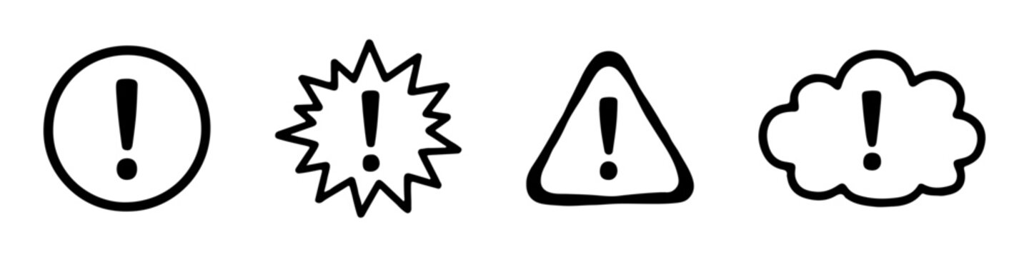 Caution alarm icons set. Danger, attention, fatal error message element, exclamation mark.