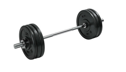 Barbell loaded with weights on each side, resting, gray background