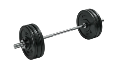 Barbell loaded with weights on each side, resting, gray background