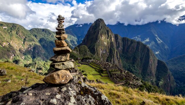 A scenic vista showcasing ancient ruins, a prominent mountain peak, and a balanced stone stack, under a dramatic cloudy sky - Powered by Adobe