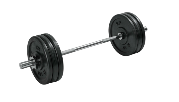 Barbell loaded with weights on each side, resting, gray background