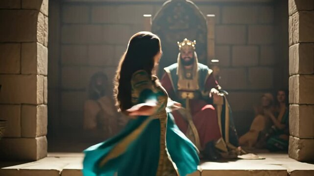 Queen Esther woman approaching King Ahasuerus and performing a dance in the royal palace for biblical story footage.