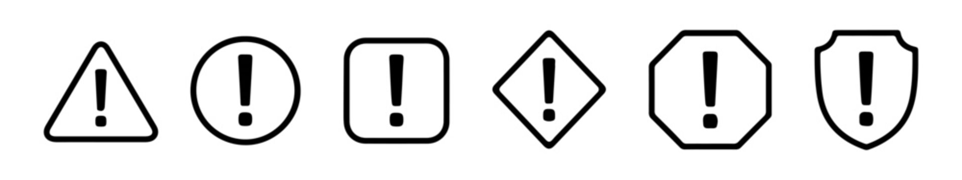 Caution alarm icons set. Danger, attention, fatal error message element, exclamation mark.