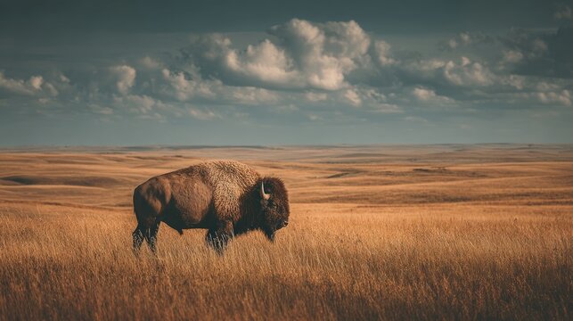 A solitary buffalo grazes in the golden grasslands under a dramatic sky, evoking tranquility