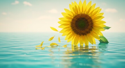Bright Yellow Sunflower with Petals on Calm Blue Water Surface