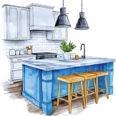 Custom vertical slats for kitchen with your photo Watercolor sketch of a modern kitchen island with blue cabinets watercolor illutrastion transparent background