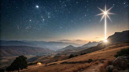a Christmas star shines at night over the mountains of Bethlehem. 