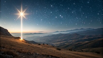 a Christmas star shines at night over the mountains of Bethlehem. 