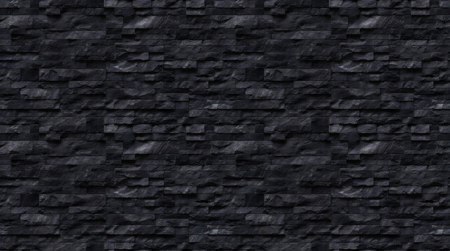 SEAMLESS black stone brick wall background, tileable texture, full frame stone pattern.