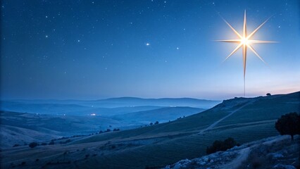 a Christmas star shines at night over the mountains of Bethlehem. 