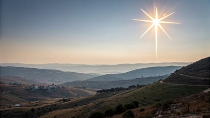 a Christmas star shines at night over the mountains of Bethlehem. 