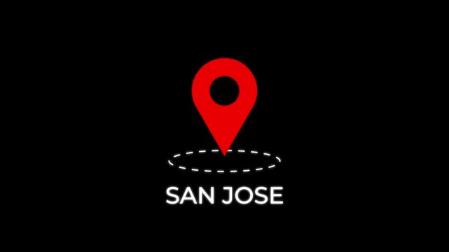 location pin drop bounce effect with rotating ellipse dots and san jose city.