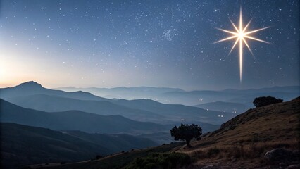 a Christmas star shines at night over the mountains of Bethlehem. 