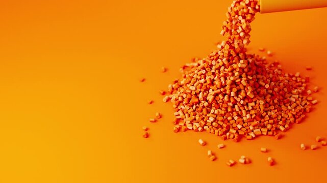 Orange plastic polypropylene granules pouring from cup on a pile of granules, masterbatch polymer grain on orange backdrop. HDPE or PVC resin pellets. 3d render animation