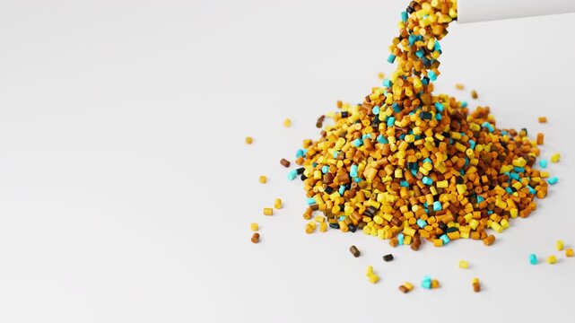 Colorful plastic polypropylene granules pouring from cup on a pile of granules, masterbatch polymer grain on white backdrop. HDPE or PVC resin pellets. 3d render animation