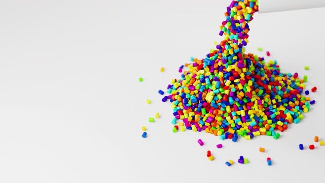 Colorful plastic polypropylene granules pouring from cup on a pile of granules, masterbatch polymer grain on white backdrop. HDPE or PVC resin pellets. 3d render animation