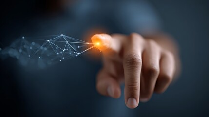 Hand touching a glowing point on an abstract digital network, visualizing innovative data connection, future technology, and global communication on a dark background