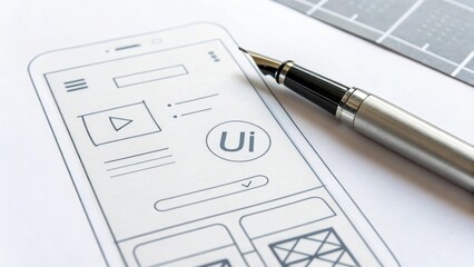 A Pen Resting On UI App Wireframe During The Design Process