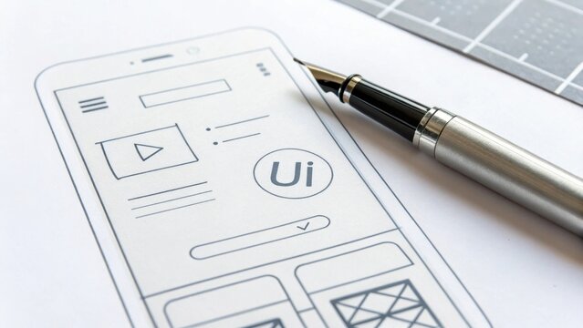 A Pen Resting On UI App Wireframe During The Design Process