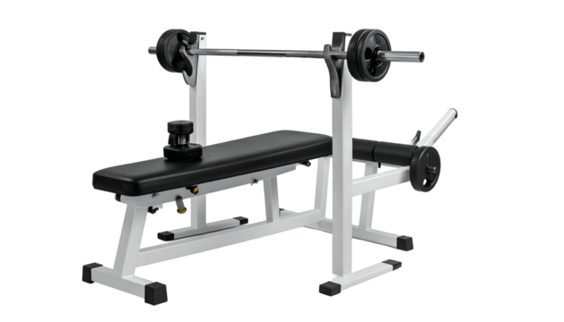 Gym weight bench with barbell and weights on white background