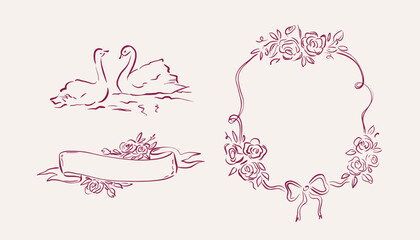 Set of romantic line art clip arts with swans, floral frame, and ribbon banner. Whimsical quickly sketched vector illustration for wedding invitations, greeting cards, branding, romantic stationery.