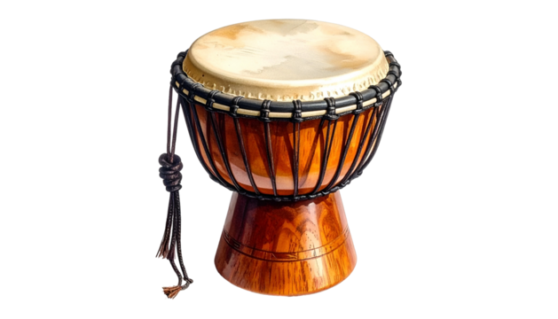 Carved wood djembe drum with textured head, dark cords