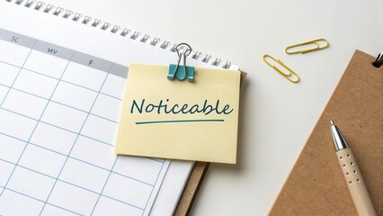 A sticky note with the word Noticeable clipped to a planner