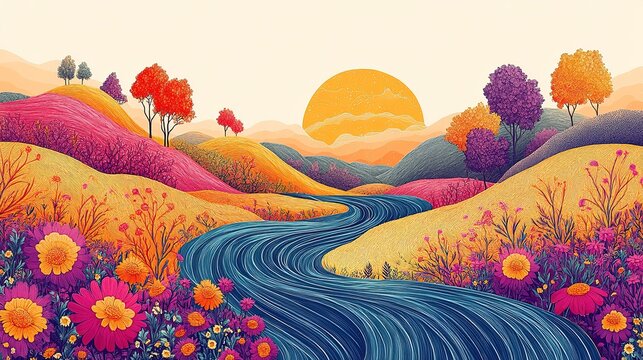 Colorful autumn landscape with flowing river under a warm sunset nature scene vibrant hills aerial view