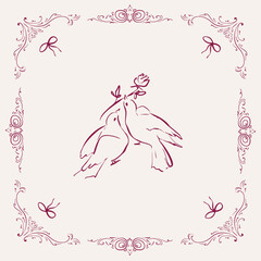 Two doves with a rose in a vintage Victorian frame, drawn in a whimsical style of quick sketches. Romantic vector illustration for wedding printing, Valentine's Day decorations, love cards, branding.