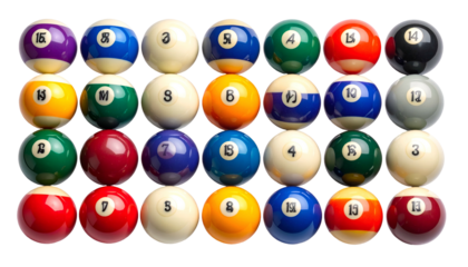 Rack of colorful, numbered pool balls arranged in a grid pattern