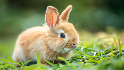 Fototapeta premium Cute fluffy rabbit exploring lush green grass in a serene natural environment