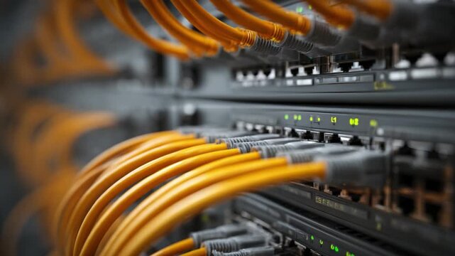 Server Rack and Cabling: Detailed view of network server rack with orange cables connected, showcasing advanced technology and network infrastructure. 