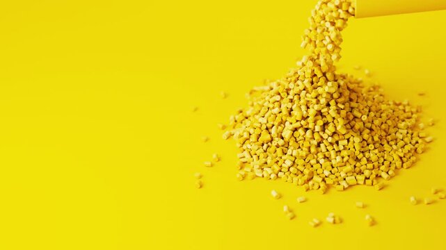 Yellow plastic polypropylene granules pouring from cup on a pile of granules, masterbatch polymer grain on yellow backdrop. HDPE or PVC resin pellets. 3d render animation