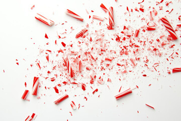 Crushed red and white peppermint candy canes scattered on a white background, useful for holiday cooking, baking, and decor