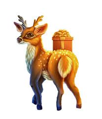 Illustration of a Christmas cute deer with a gift. New Year print for a holiday card. Festive cartoon reindeer with a surprise box