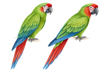 Fototapeta premium Two colorful macaws perched against a white background