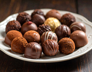 Indulge in decadent chocolate truffles assortment on rustic plate, perfect for confectionery designs and gourmet food promotions