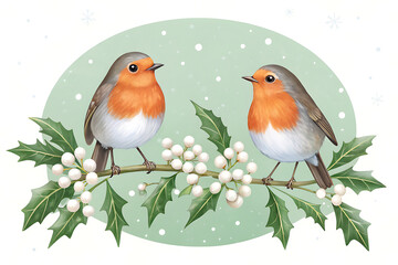 Two robins perched on a holly branch with snowflakes