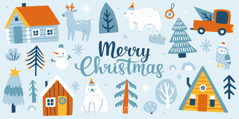 Scandinavian christmas set with cute animals. Doodle christmas collection.