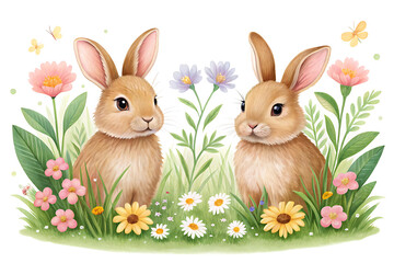 Two adorable watercolor bunnies in a field of spring flowers and butterflies