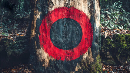 Red circular marking painted on tree trunk in forest environment