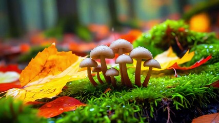A close-up of mushrooms, moss, and autumn leaves with water droplets, in a forest scene - Powered by Adobe